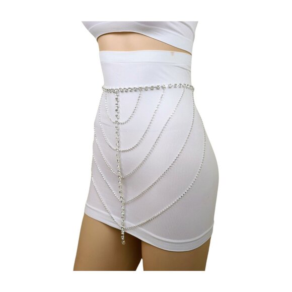 Women Silver Metal Chain Wave High Waist Belt Rhinestones Adjustable Size XS S M